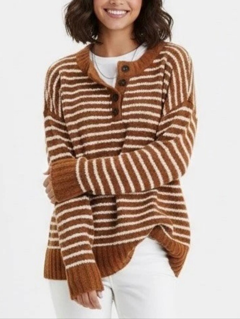​American Eagle Striped Henley Knit Sweater Brown White Small